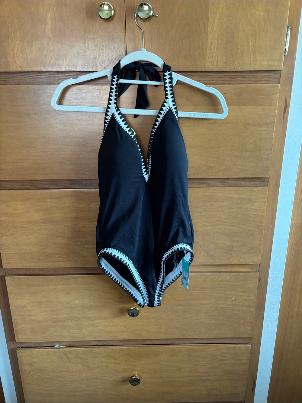Seafolly Black Halter One-Piece Swimsuit with White Trim